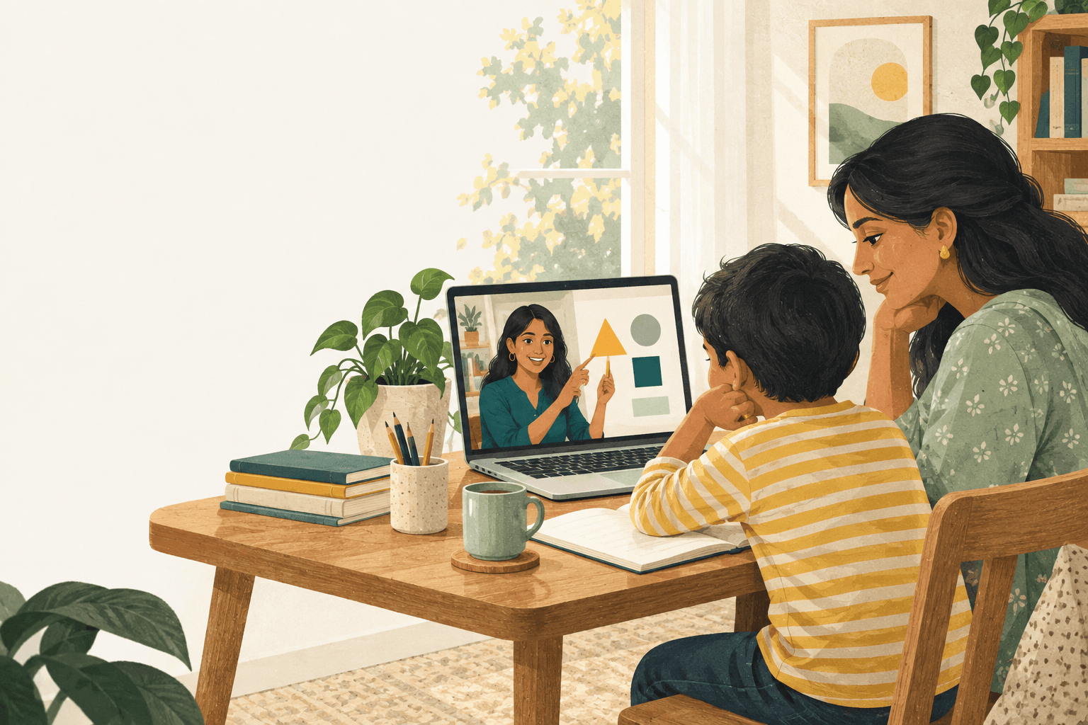 Illustration of a parent and child learning with an online tutor